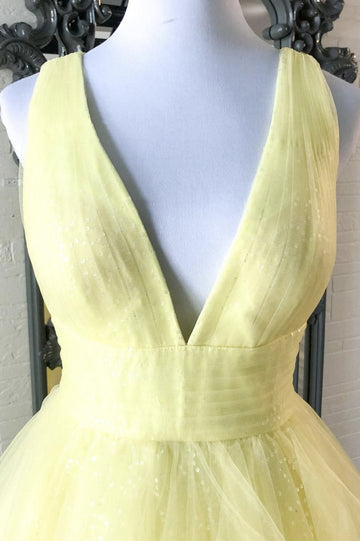 Yellow tulle sequins long A line prom dress evening dress HZ1023